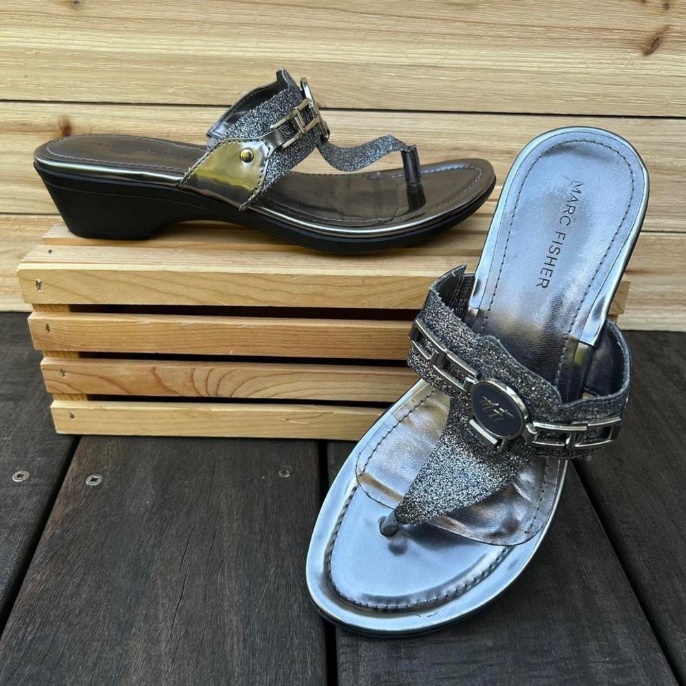 Marc Fisher Pewter Anima Dress Sandals Grey/Silver Glitter Sandal Wedges